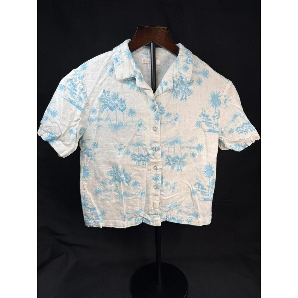 GB Girls Shirt Medium‎ Blue White Palm Tree Button Up Linen Rayon Beach
